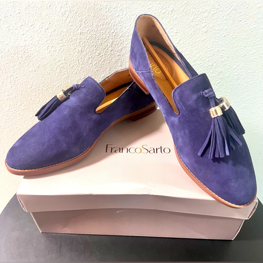 NEW Franco Sarto Blue Suede Hadden Loafer Flat w/ Tassels Slip On Office Wear - Picture 2 of 10